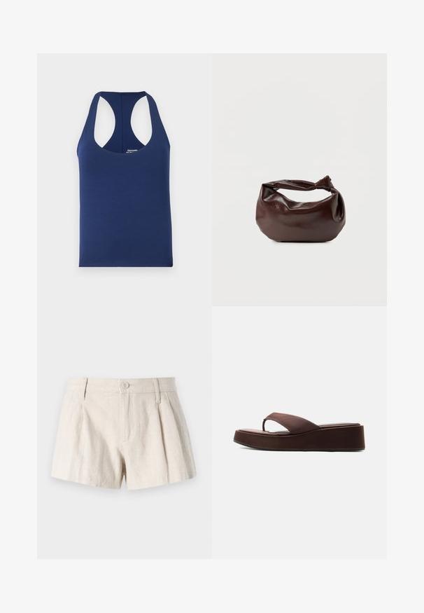 Marineblaues ärmelloses Tanktop aus weicher Baumwolle. Verfügt über einen runden Halsausschnitt und weite Armausschnitte. Einfaches, figurbetontes Design ohne Muster.; Leinen-Shorts in einem hellbeigen Farbton, mit einem plissierten Design, vorderem Knopfverschluss und einer glatten, strukturierten Oberfläche.; Braune Plateau-Flip-Flop-Sandale mit dicker Sohle und breitem Riemen über den Zehen auf einfarbigem weißem Hintergrund.; Dunkelbraune Lederschultertasche mit weicher, lockerer Form und einem gedrehten Knotengriff vor schlichtem weißem Hintergrund.
