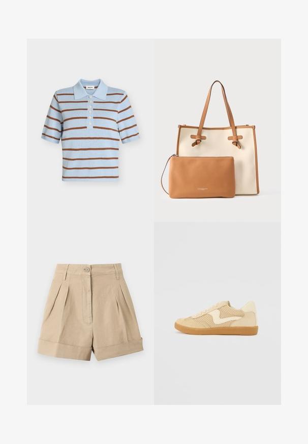 Polo en maille bleu clair avec des rayures horizontales marron, manches courtes, col et six boutons blancs sur la patte de boutonnage avant.; Shorts beiges taille haute, ajustés, avec plis à l'avant, fermeture par bouton et zip, passants pour ceinture et ourlets retroussés.; Sneaker beige avec des matériaux en daim et en maille, forme arrondie, col rembourré proéminent et semelle en caoutchouc gomme. Présente un accent de design en forme de vague.; Sac fourre-tout en toile beige avec des accents en cuir marron, doté de deux poignées robustes et d'une pochette amovible en cuir marron.