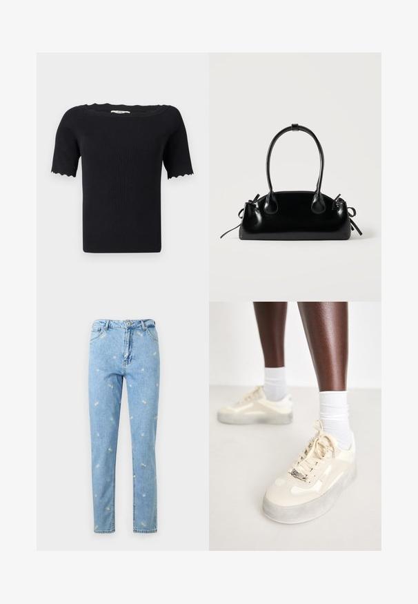 Top de punto negro acanalado de manga corta con bordes festoneados en las mangas y escote amplio en forma de barco.; Jeans de mezclilla azul claro con bordado disperso de pequeñas margaritas blancas y amarillas, con cierre frontal de botones y cremallera.; Zapatillas beige con detalles de cuero suave y ante, suela de goma gris, patrones texturizados y un logo metálico de la marca en el lateral.; Pequeño bolso negro brillante con dos asas largas y detalles de cordón lateral sobre un fondo claro liso.