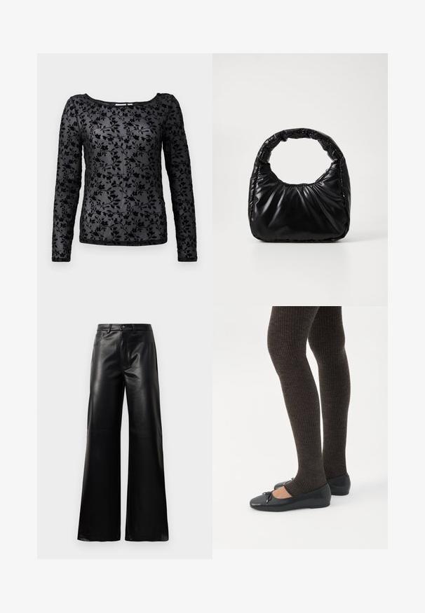 Blusa de manga larga negra con un suave patrón de terciopelo floral, con un escote redondeado y tela transparente.; Pantalones de imitación de cuero negros de cintura alta y pierna ancha con botón frontal, cierre de cremallera, pasadores para cinturón y bolsillos laterales sobre fondo blanco.; Piernas con leggings oscuros acanalados combinados con bailarinas negras que presentan pequeños detalles de lazo sobre un fondo blanco.; Bolso negro acolchado con un asa redondeada, que presenta una superficie lisa y brillante y una textura suave y acolchada. Sin herrajes ni acentos visibles.
