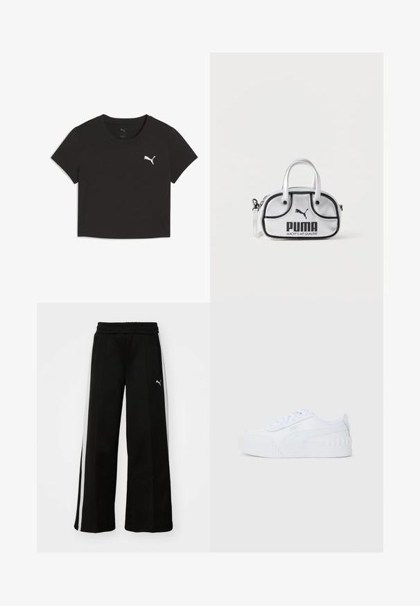 Sort cropped T-shirt lavet af bomuld, med rund halsudskæring og korte ærmer. Hvidt Puma-logo trykt på venstre brystområde.; Sorte bukser med vide ben, elastisk talje, lodrette hvide striber, sidelivlommer og et lille logo på låret.; Hvide lave Puma sneakers med snørebånd, tekstureret gummisål og brandlogo på siden og hælflappen.; Lille sølvfarvet Puma håndtaske med sorte kanter, to håndtag, aftagelig skulderrem og Puma-logo med slogan foran.