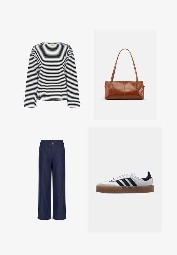 Camisa de manga larga a rayas en blanco y negro con cuello redondo. Tejido suave, corte relajado y acentos de cuello en contraste.; ICHI IHFlared - Vaqueros a campana - dark blue; Zapatillas de cuero blancas con rayas negras, suela de goma, puntera redonda, cierre de cordones y caperuza de ante gris suave.; Bolso rectangular de cuero marrón con dos correas largas para el hombro, acabado brillante y liso, y un diseño minimalista sobre un fondo liso.