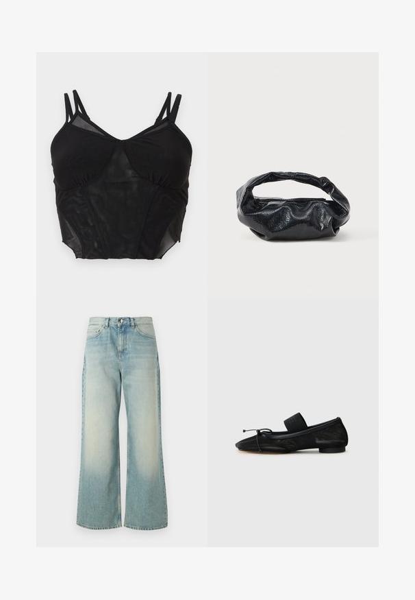 Sort net cropped camisole med dobbelte justerbare skulderstropper og strukturerede buste-paneler.; Lyseblå vide jeans lavet af denim, med en afdæmpet vask, klassisk fem-lomme design og en frontknaplukning.; Sort flad sko med spids tå, lavet af tekstureret stof, med en sløjfeaccent og en lille, rund hæl. Elastisk rem ved anklen.; Sort taske lavet af blankt, tekstureret materiale med et cirkulært, snoet håndtag og lynlås. Har et blødt, rynket design.