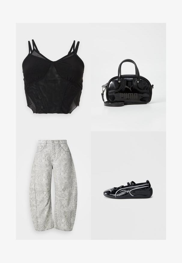 Zwarte cropped cami van mesh met dubbele verstelbare schouderbandjes en gestructureerde bustepanelen.; Slangenprint wijde jeans in lichtgrijs en roomwit. Denim materiaal, vijf-pocket ontwerp met zichtbare stiksels en een knoopsluiting.; Zwart gepatineerd leren schoen met een lage profiel, voorzien van een ronde neus, zwarte elastische banden en witte accenten langs de zijkanten.; Zwarte lakleren handtas met dubbele handvatten aan de bovenkant, afneembare schouderriem, ronde vorm en opvallend gegraveerd "PUMA" logo.