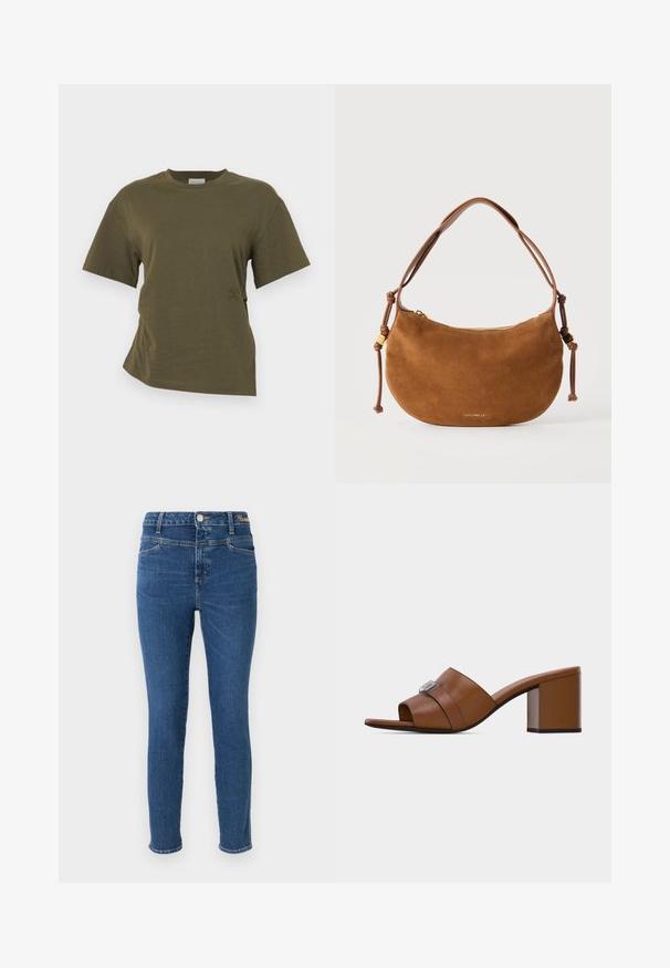 CLOSED DRAPED - Lihtne T-särk - forest green; Peenede püksid tumedast sinisest denimist, millel on viis taskut, nööbi sulgemine ja kontrastõmblused. Sile tekstuur, millel on minimaalne tuhmumine.; Pruun nahast avatud varbaga trussikujuline king hõbedase kandilise pandlaga ja jämeda keskmise kõrgusega kandiga, valgel taustal.; Pruun seemisnahast poolkuu õlakott reguleeritavate sõlmes rihmade, kuldse tõmbluku ja esiküljel väikese kuldse brändilogoga "Coccinelle".