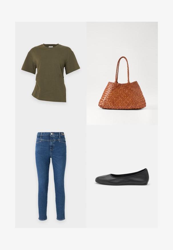 CLOSED DRAPED - Lihtne T-särk - forest green; Peenede püksid tumedast sinisest denimist, millel on viis taskut, nööbi sulgemine ja kontrastõmblused. Sile tekstuur, millel on minimaalne tuhmumine.; Musthave mustika tantsutossud mustast nahast, ümmarguse varbaga, siledast tekstuurist, minimaalse õmblusdetailiga ja paindliku tallakujundusega.; DRAGON DIFFUSION SANTA CROCE BIG - Käekott - tan