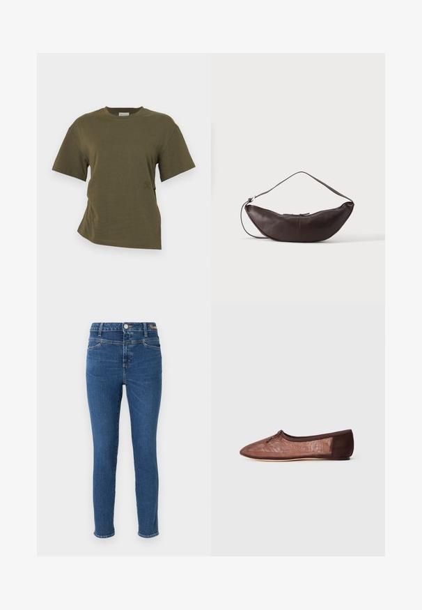 CLOSED DRAPED - Lihtne T-särk - forest green; Peenede püksid tumedast sinisest denimist, millel on viis taskut, nööbi sulgemine ja kontrastõmblused. Sile tekstuur, millel on minimaalne tuhmumine.; Pruunid balletitossud, millel on sile ülemine osa kergelt läikiva viimistlusega, ümar nina, elastne äär ja peened toonilised aktsendid kanna juures.; Tumepruun nahast poolkuu-kujuline õlakott kõverate rihmade ja nähtavate õmblustega ühevärvilisel taustal.