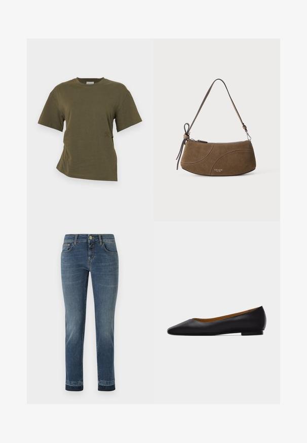 CLOSED DRAPED - T-shirt basic - forest green; Donkerblauwe denim jeans met een rechte pijp, voorzien van een klassieke knoopsluiting en vijf zakken. Lichte vervaging op de dijen.; Zwarte leren puntschoen met lage hak en gladde afwerking, zijaanzicht op een lichtgrijze achtergrond.; Bruine suède schoudertas met een korte band, ritssluiting en subtiele gebogen stikseldetails.