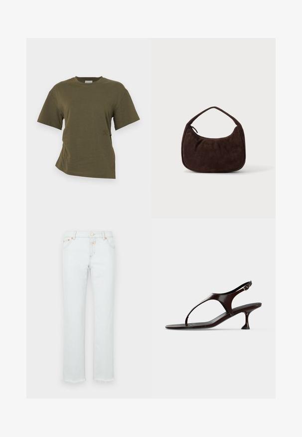 CLOSED DRAPED - T-Shirt basic - forest green; Helle Denim-Jeans mit geradem Bein, einem ausgefransten Saum, kupferfarbenen Hardware-Elementen und einem Fünf-Taschen-Design.; Dunkelbraune Lackleder-Slingback-Sandale mit kittenabsatz und Zehensteg auf weißem Hintergrund.; Dunkelbraune Wildlederhandtasche mit kurzem Riemen und abgerundeter rechteckiger Form auf einem einfarbigen hellen Hintergrund.