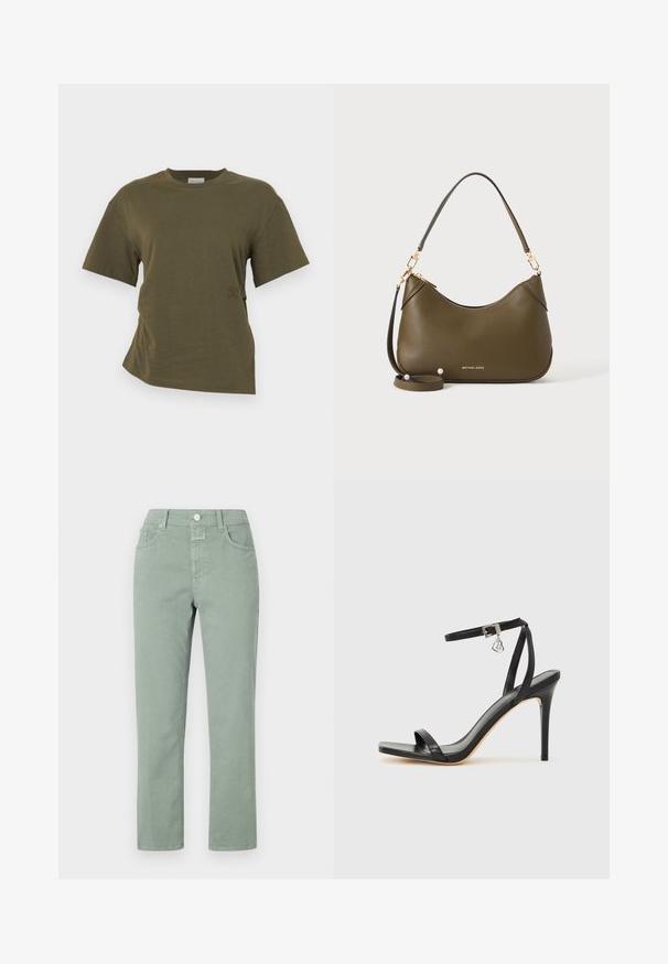 CLOSED DRAPED - Základné tričko - forest green; Svetlozelené bavlnené nohavice so strihom rovného nohu, ktoré majú predné vrecká, zapínanie na gombík a jemné švy.; Čierna sandála na vysokom opätku s úzkym remienkom okolo členka, štvorcovou špičkou, hladkým koženým materiálom a kovovým zapínaním.; Olivovozelená kožená kabelka s krátkymi a dlhými remienkami, zlatým kováním a zlatým logom Michael Kors pri spodnej časti na jednoduchom pozadí.