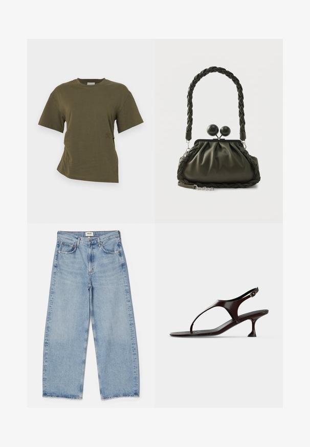 CLOSED DRAPED - T-shirts basic - forest green; Agolde Baggy jeans - light-blue denim; Mørkebrun laklædersandal med rem bagpå, lille hæl og tårem på hvid baggrund.; Olivengrøn læderhåndtaske med flettet håndtag og sølvhardware, med en samlet design og runde låsedetaljer på toppen.