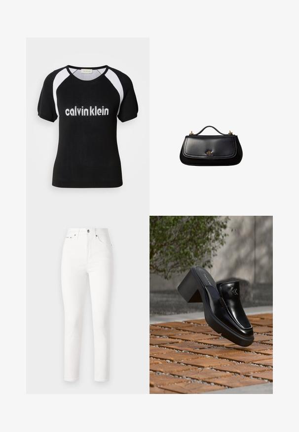 Čierny pletený top s krátkymi rukávmi a bielymi raglánovými rukávmi. Má biely nápis "calvinklein" na hrudi. Okrúhly výstrih. Mäkká textúra.; Biele džíny z denimu s vysokým pásom, zúženými nohavicami a štýlom s piatimi vreckami. S metalovým gombíkom a nitmi, hladká textúra.; Čierne kožené šľapky Calvin Klein s blokovým podpätkom, ktoré oddychujú na drevených dlaždiciach vonku blízko zelenej rastliny a šedej steny.; Čierna kožená kabelka s malým rúčkou, zlatým logom "cK" na prednej klopke a zlatými kovovými akcentmi.