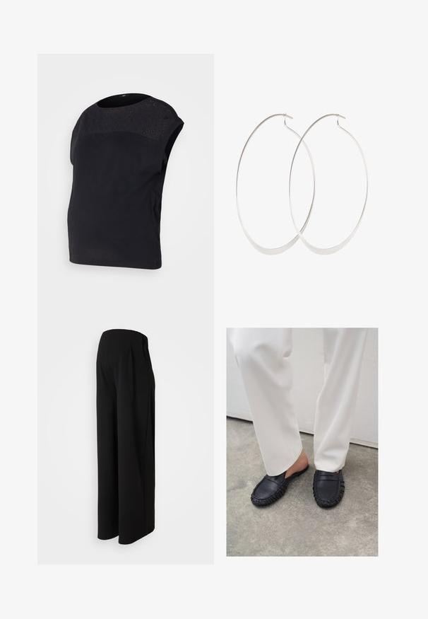 Mustaline mustade lühikeste varrukatega. Omab tekstureeritud mustast pitsist ülemist paneeli ja pehmet puuvillast materjali, mis on loodud mugavuseks.; Vero Moda Maternity Wide-leg Wide Leg Fit - Püksid - black; Inimene, kes kannab valgeid pükse ja musti nahast slip-on mokasiine, seisab betoonpõrandal.; Hõbedased rõngassõrmused õhukese, sujuva disainiga; piklik ovaalne kuju; poleeritud viimistlus; omavad kindlat konksu sulgemist.
