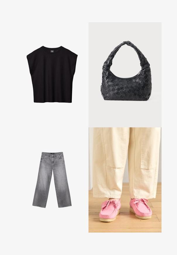 Haut noir sans manches avec larges épaules et encolure ronde, étiqueté B6 par Ambienteurs, présenté sur un fond blanc.; Jean en denim gris à jambes larges avec poches avant, passants de ceinture et fermeture à boutons, présenté à plat sur fond blanc.; Chaussures en suède rose de style mocassin avec lacets, présentant une surface texturée et une semelle en caoutchouc beige clair, associées à un pantalon beige.; Sac en cuir noir tissé avec une poignée arrondie et un corps en forme de croissant sur un fond uni.