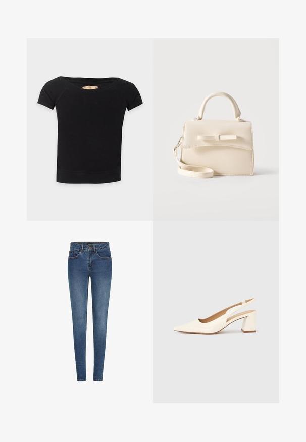 Sort, tætsiddende T-shirt med korte ærmer, bred, off-shoulder-udskæring og et Hollister-mærkat indeni kraven.; Slanke jeans lavet af mørkeblå denim, med en mellemhøj talje, fem lommer og kontrasterende syninger. Glat tekstur med en let stræk.; Slingback-pumpe i blank cremefarvet laklæder, med spids snude og kraftig firkantet hæl for stabilitet. Minimalistisk design uden pynt.; Lille beige håndtaske med top-håndtag, aftagelig rem, forreste klap og dekorativ vandret sløjfe på en ensfarvet baggrund.