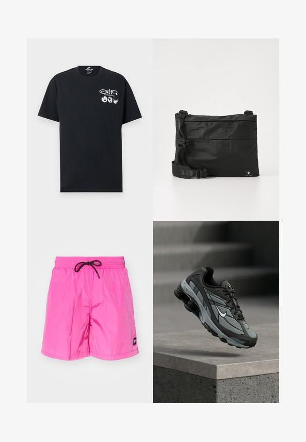 Μαύρο μακό μπλουζάκι με κοντό μανίκι της Nike με λευκό κείμενο "Nature in Motion", τρία εικονίδια της Γης και το λογότυπο της Nike στο αριστερό στήθος.; Ροζ, ελαφριά μαγιό με ελαστική μέση και μαύρο κορδόνι. Διαθέτει μια μικρή ετικέτα στο αριστερό πόδι. Λείος υφασμάτινος σχεδιασμός.; Γκρι και μαύρο αθλητικό παπούτσι με πλέγμα και χοντρή σόλα, τοποθετημένο στον αέρα πάνω από ένα τσιμεντένιο περιθώριο με σκάλες στο βάθος.; Μαύρη τσάντα ταχυδρόμου από νάιλον με ρυθμιζόμενο ιμάντα, επίπεδο σχεδιασμό και πλαϊνή ετικέτα με λογότυπο. Λείο υλικό και μίνιμαλ στυλ.