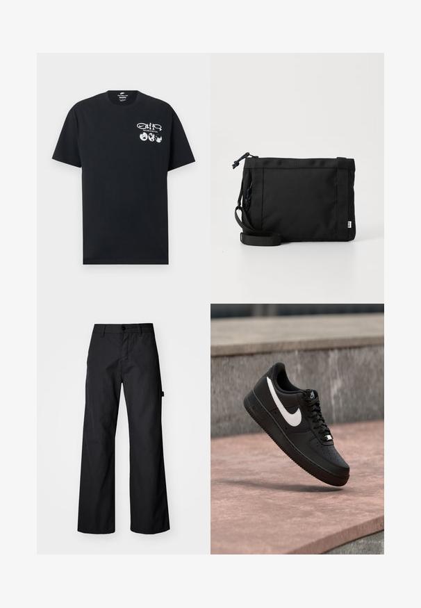 Čierne tričko Nike s krátkym rukávom s bielym nápisom "Nature in Motion", tromi ikonami Zeme a grafikou loga Nike na ľavej strane hrudníka.; Čierne, široké nohavice vyrobené z odolného materiálu. Obsahujú zapínanie na gombík a bočné vrecká. Hladká textúra s čistým dizajnom.; Čierna teniska Nike Air Force 1 s bielym logom Swoosh vznášajúca sa nad kamenným povrchom s šedou textúrovanou stenou v pozadí.; Čierna textilná ramenná taška s textúrovaným povrchom, nastaviteľným pásom a sťahovaním. Vyznačuje sa výrazným prešívaním a bočným štítkom.
