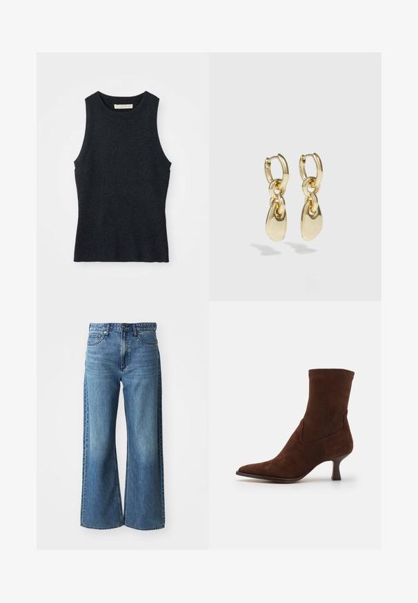 Débardeur en tricot gris foncé sans manches avec col rond, posé à plat sur un fond blanc.; Jean en denim bleu à jambes larges avec une taille mi-haute, cinq poches et un léger dégradé. Caractéristiques : passants de ceinture et détails cousus.; Dolce Vita ARYA - Bottines - dark brown; Boucles d'oreilles en or en forme de créoles, avec un design en maillons et des accents lisses en forme de goutte d'eau. Fini réfléchissant qui améliore l'attrait visuel.
