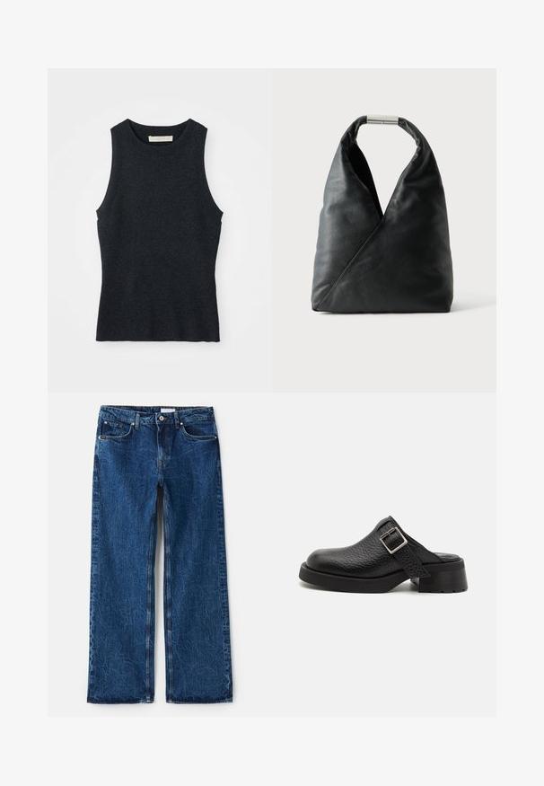 Ärmelloses, dunkelgraues Strick-Tanktop mit Rundhalsausschnitt, auf weißem Hintergrund flach ausgelegt.; Helle Beinform-Jeans aus dunkelblauem Denim mit strukturierter Oberfläche, ausgestattet mit fünf Taschen, Metallnieten und einem Knopfverschluss.; Schwarze Lederclogs mit strukturierter Oberfläche, verstellbarem Schnallenriemen und einem stabilen Absatz. Glatte, runde Zehenform mit einer soliden schwarzen Sohle.; Schwarze Lederhandtasche mit weicher dreieckiger Form und silbernem Metallverschlussgriff auf einfachem weißem Hintergrund.