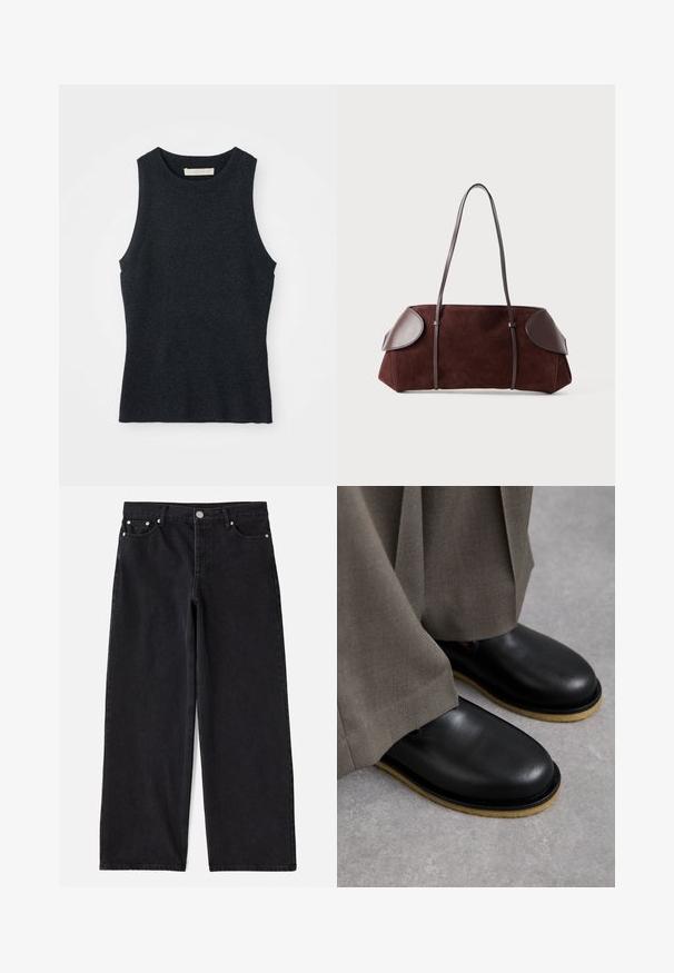 Udenærmet, mørkegrå strikket tanktop med rund hals, lagt fladt på hvid baggrund.; Sorte denim wide-leg jeans med fem lommer, knaplukning og sølvhardware. Har en ren, skræddersyet silhuet og subtil tekstur.; Sorte lædersko med rund tå, flad sål og en kontrasterende lysebrun ydersål, parret med løse grå bukser.; Brun ruskinds taske med læderdetaljer, struktureret form, dobbelte skulderstropper og afrundede kanter, som har en glat tekstur og minimal hardware.