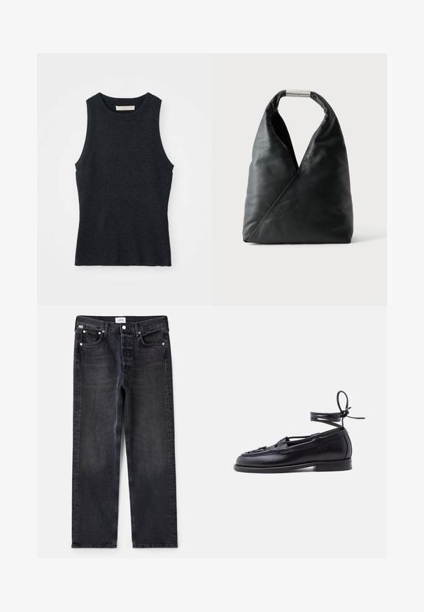 Udenærmet, mørkegrå strikket tanktop med rund hals, lagt fladt på hvid baggrund.; Sorte denimjeans med lige pasform, fem lommer, sølvhardware og en let falmet tekstur. Klassisk design med minimal detaljering.; Sort læderloafer med flad sål og snøre, der vikles omkring anklen og er bundet i sløjfe, vist mod en ensfarvet lys baggrund.; Sort læderhåndtaske med en blød trekantet form og en sølv metal låsehåndtag på en ensfarvet hvid baggrund.