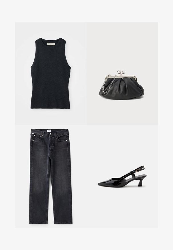 Udenærmet, mørkegrå strikket tanktop med rund hals, lagt fladt på hvid baggrund.; Sorte denimjeans med lige pasform, fem lommer, sølvhardware og en let falmet tekstur. Klassisk design med minimal detaljering.; Sort laklæderslingback med lille hæl, spids tå og justerbar guldlåsrem på hvid baggrund.; Sort læder clutch med samlet tekstur, sølvfarvet metalramme, kys-lås lukning og kædestrop. Glat, blød overflade.
