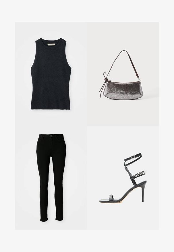 Udenærmet, mørkegrå strikket tanktop med rund hals, lagt fladt på hvid baggrund.; Sorte skinny jeans lavet af denim med en glat tekstur, der har knaplukning, bæltestropper og ingen synlige slidtegn.; Sort højhælet sandal med tynd ankelrem, midtfodsrem dekoreret med sølvkædeled og åben tå-design.; Lille metallic sølv håndtaske med tekstureret overflade, kort mørkebrun rem og dekorativt bundet sløjfe på den ene side.
