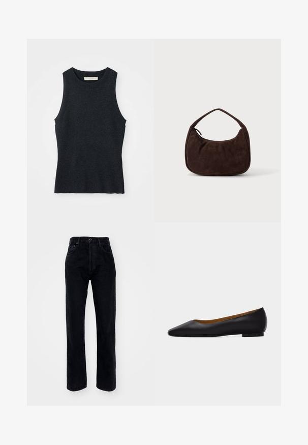 Udenærmet, mørkegrå strikket tanktop med rund hals, lagt fladt på hvid baggrund.; Sorte denim jeans med høj talje og lige ben, der har fem lommer, bæltestropper og en knaplukning i taljen.; Sort læder flad sko med spids tå, lav hæl og glat finish, vist fra siden på en lysegrå baggrund.; Mørkebrun ruskindshåndtaske med kort rem og afrundet rektangulær form på en ensfarvet lys baggrund.