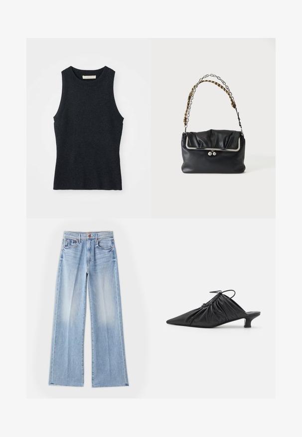 Mouwloze donkergrijze gebreide tanktop met ronde hals, plat gelegd op een witte achtergrond.; Lichtblauwe wijde jeans van denim, met een hoge taille, voorzakken en een schone zoom met subtiele vervaging.; Zwarte leren instappers met een spitse neus, gegatherde textuur en een kleine kittenhiel. Heeft een trekkoorddetail aan de opening.; Zwarte leren clutch tas met zilverkleurig frame en sluiting, met een korte handgreep die zilveren ketting en geel-zwarte geruite stof combineert.