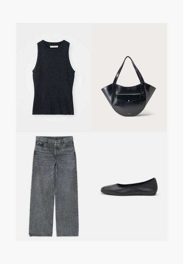 Ärmelloses, dunkelgraues Strick-Tanktop mit Rundhalsausschnitt, auf weißem Hintergrund flach ausgelegt.; Weite Jeans in dunkelgrauem Denim. Verfügt über eine hohe Taille, ein Fünf-Taschen-Design und einen Frontknopfverschluss. Glatte Textur mit subtilen Auswaschungen.; Schwarze Leder-Ballettschuhe mit abgerundeter Spitze, glatter Textur, minimalen Nähdetails und einem flexiblen Sohlen-Design.; Schwarze glänzende Lederhandtasche mit breitem, gebogenem Körper, zwei Schulterriemen und vorderer Klappentasche mit kleinem goldenen Knopf.