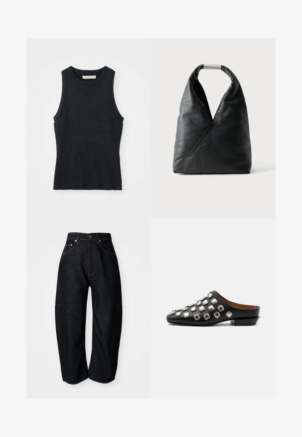 Udenærmet, mørkegrå strikket tanktop med rund hals, lagt fladt på hvid baggrund.; Mørke denim jeans med en afslappet pasform, der har diskret orange syninger, forlommer og en flad talje med en knaplukning.; Sort læder slip-on mule med lav hæl, dekoreret med firkantede sølvnitter jævnt fordelt over overdelen.; Sort læderhåndtaske med en blød trekantet form og en sølv metal låsehåndtag på en ensfarvet hvid baggrund.