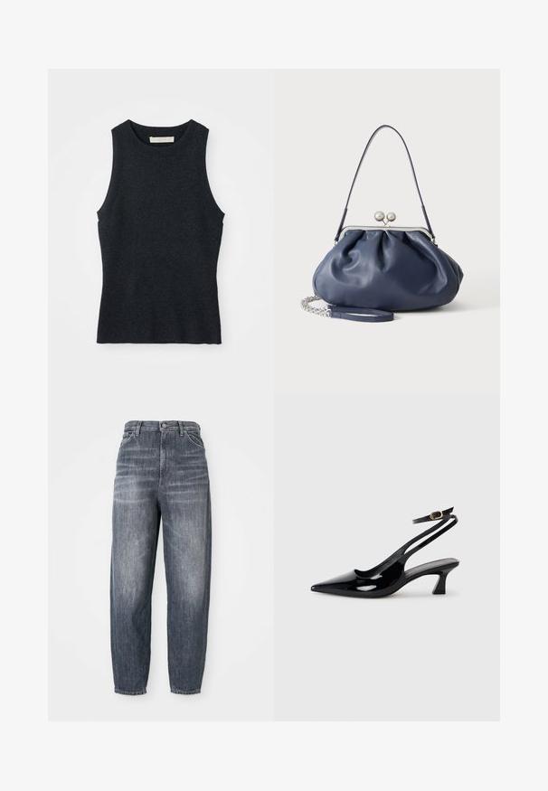 Mouwloze donkergrijze gebreide tanktop met ronde hals, plat gelegd op een witte achtergrond.; Donkerblauwe jeans van denim, met een losse pasvorm, rechte pijpen en subtiele vervaging. Standaard vijf-pocket stijl met een knoopsluiting.; Zwarte gepatineerde leren slingback hakken met een puntige neus, lage blokhak en een verstelbare enkelband met een gouden gespsluiting.; Zachte navyblauwe leren handtas met zilveren sluiting, enkele schouderband en afneembare ketting polsband op witte achtergrond.