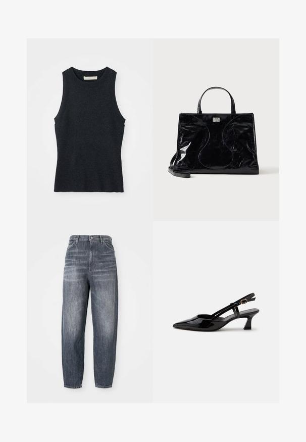Débardeur en tricot gris foncé sans manches avec col rond, posé à plat sur un fond blanc.; Jean bleu foncé en denim, avec une coupe ample, une jambe droite et un décoloration subtile. Style cinq poches standard avec fermeture à bouton.; Chaussure slingback en cuir verni noir à petit talon, bout pointu et bride réglable avec boucle dorée sur fond blanc.; Sac à main en cuir noir brillant avec poignées courtes, bandoulière amovible et détails de couture discrètement courbés à l’avant.