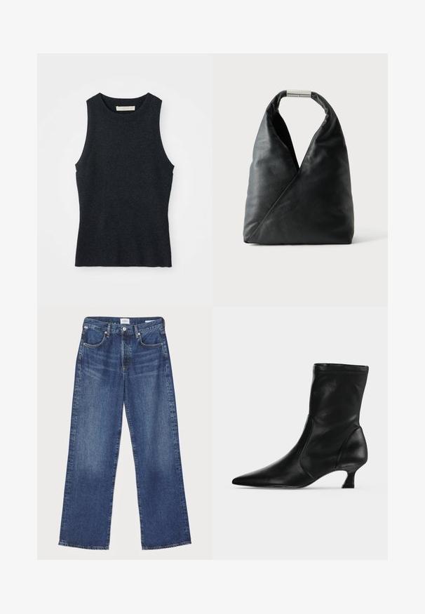 Udenærmet, mørkegrå strikket tanktop med rund hals, lagt fladt på hvid baggrund.; Citizens of Humanity ANNINA - Jeans Straight Leg - westwood dark indigo; Sort læderstøvle til midt på læggen med spids tå og lav kittenhæl, vist fra siden på en ensartet lys baggrund.; Sort læderhåndtaske med en blød trekantet form og en sølv metal låsehåndtag på en ensfarvet hvid baggrund.