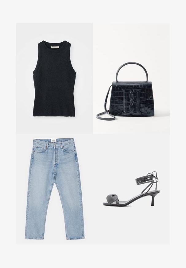 Débardeur en tricot gris foncé sans manches avec col rond, posé à plat sur un fond blanc.; Jean en denim bleu clair avec une coupe droite classique, cinq poches et un devant boutonné, présentant un léger délavage et une texture robuste.; Sandale à talon en cuir gris avec une bride nouée sur les orteils et des lacets enroulants autour de la cheville, sur un talon moyen et fin, sur fond blanc.; Sac à main en cuir noir embossé en crocodile avec un design structuré, une poignée supérieure, une bandoulière ajustable et un détail de logo en avant bien visible.