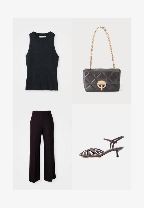 Ärmelloses, dunkelgraues Strick-Tanktop mit Rundhalsausschnitt, auf weißem Hintergrund flach ausgelegt.; Schwarze weite Hose mit hoher Taille, aus einem glatten Material und dezenten Vorderfalten, maßgeschneidert für eine strukturierte Passform.; Dunkelbraune Leder-Sandalette mit Riemchen und verstellbarem Schnallenriemen am Knöchel, Kitten-Heel, vor weißem Hintergrund.; Schwarze gesteppte Lederhandtasche mit goldenem runden Verschluss und goldenem Kettenriemen, vor weißem Hintergrund hängend.