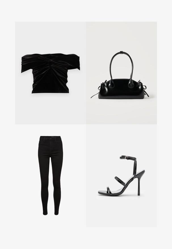 Good American OFF SHOULDER - T-shirt print - black; Zwarte denim skinny jeans met een hoge taille, vijf-pocket ontwerp, riemlussen en subtiele stikdetails. Glad textuur, figuurvormende pasvorm.; Zwarte gepatineerde leren hoge hak sandalen met drie horizontale banden en een verstelbare enkelband. Slanke silhouette en glanzende afwerking.; Kleine zwarte glanzende handtas met twee lange hengsels en zijkant trekkoord details op een effen lichte achtergrond.
