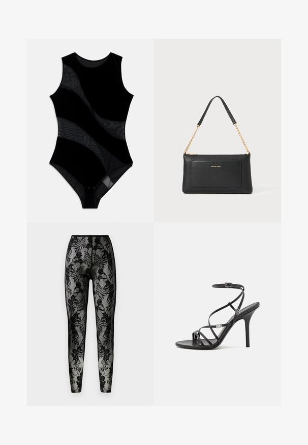 Bodysuit noir au design sans manches, doté de panneaux en maille texturée et d'un corps en velours lisse. Il a un col rond et une fermeture à pressions.; Leggings en dentelle noire avec un motif floral, en tissu transparent, et une coupe ajustée, dotés d'une taille lisse et d'ourlets fermés.; Sandale noire à talons hauts avec des brides fines, une boucle à la cheville, une surface en cuir lisse et un talon aiguille élancé.; Pochette en cuir noir avec une texture en relief, bandoulière en chaîne dorée et une poche avant. Elle arbore un logo doré sur le devant.