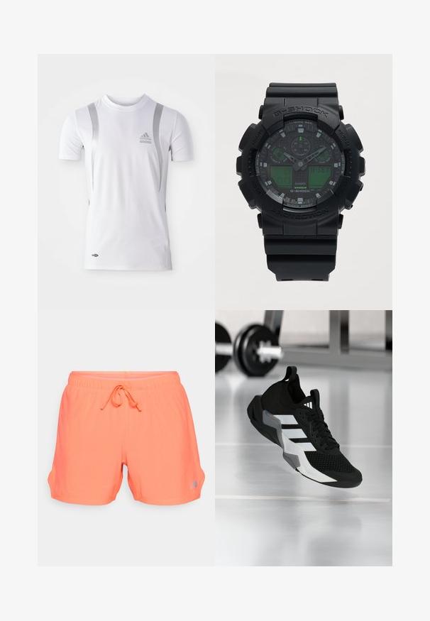 Hvid kortærmet træningsskjorte med sølvdetaljer, med rund hals og et Adidas-logo på brystet. Lavet af fugttransporterende materiale.; Neon orange atletikshorts med en åndbar meshstruktur, elastisk talje med snor og sidelommer. Sølvlogo-detalje på venstre side.; Sort atletiksko med en mesh-øverdel, hvide striber og grå accenter. Har polstret krave og gummisål. Velegnet til brug i fitnesscenter.; Sort Casio G-Shock analogt-digitalt ur med rund urskive, flere urskiver, digitale displays og en holdbar rem i harpiks.