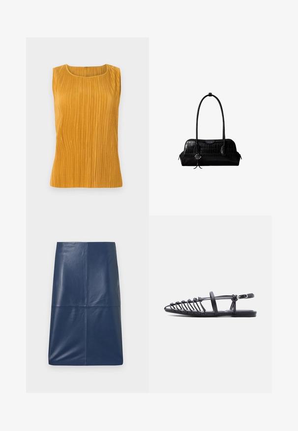 Haut sans manches jaune moutarde avec des plis verticaux, col rond et texture lisse. Design simple sans embellissements supplémentaires.; Jupe crayon en cuir bleu marine avec une texture lisse et brillante, présentant un design simple et épuré avec une coupe droite. Pas de quincaillerie visible.; Sandale plate noire avec plusieurs fines lanières, bride à boucle à la cheville et design cage à bout ouvert sur fond blanc.; Sac à épaule en cuir noir à texture crocodile, avec de longues sangles et un petit charm logo argenté sur une sangle.