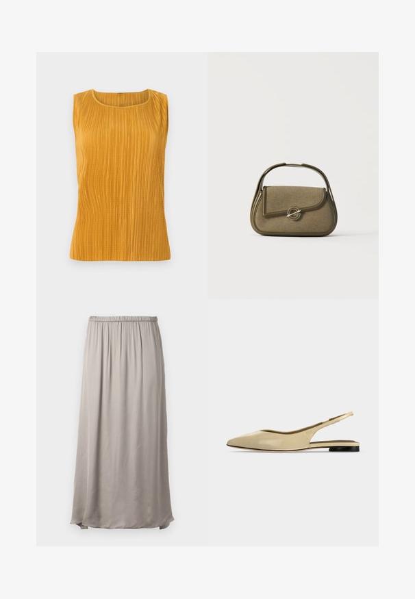 Haut sans manches jaune moutarde avec des plis verticaux, col rond et texture lisse. Design simple sans embellissements supplémentaires.; Jupe longue, beige, fabriquée en tissu lisse et léger avec une taille élastique, présentant un design fluide et un éclat subtil.; Chaussure plate beige à bout pointu avec bride arrière, petit talon noir et finition en cuir lisse, vue de côté sur un fond uni.; Petit sac à main vert olive avec des bords arrondis, une poignée supérieure et une fermeture à rabat sécurisée par un fermoir métallique circulaire.
