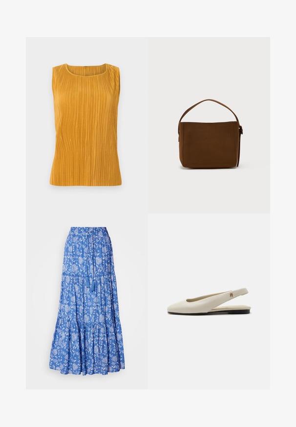 Top sin mangas de color mostaza con pliegues verticales, escote redondeado y una textura suave. Diseño simple sin adornos adicionales.; Falda maxi azul con flores y patrones blancos, con volantes fruncidos y una cinturilla con cordón que presenta borlas en el dobladillo. Material de algodón.; Zapato plano slingback de cuero color crema con puntera redondeada y pequeño emblema dorado en la correa.; Bolso de hombro rectangular marrón con un asa ancha y detalle de hebilla, sobre un fondo blanco liso.