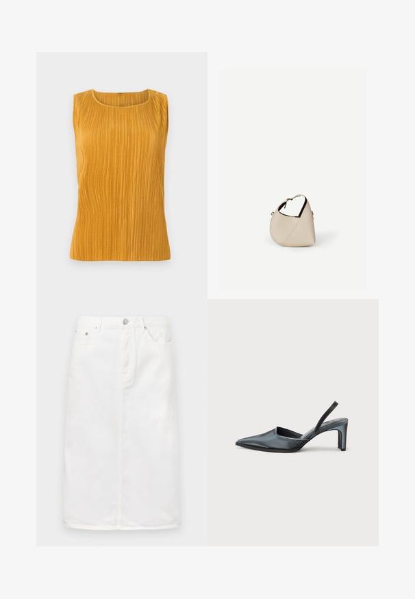 Mosterdgele mouwloze top met verticale plooien, ronde halslijn en een gladde textuur. Eenvoudig ontwerp zonder extra versieringen.; Witte denim rok met een ritssluiting aan de voorkant, vijf-pocket ontwerp en een rechte silhoutte met stikselaccenten.; Zwarte slingback hak met een puntige neus, een gladde satijnen afwerking en een slanke hak van 7,5 cm. Open zijkantontwerp met minimale stikdetails.; Beige leren handtas in halvemaanvorm met een enkele schouderband en minimale stiksels, afgebeeld tegen een effen witte achtergrond.