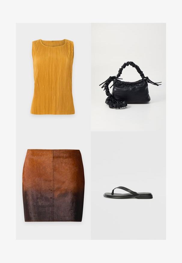 Haut sans manches jaune moutarde avec des plis verticaux, col rond et texture lisse. Design simple sans embellissements supplémentaires.; Jupe mini dégradé brun en matériau doux, présentant une texture lisse, une silhouette ajustée et des coutures précises le long des bords.; Tongs noires en cuir lisse, avec un design de sangle fine et une semelle plate à profil minimal. Aucun motif ou accent notables.; Sac à main en simili cuir noir avec une texture crocodile, un dessus resserré et une sangle froncée. A l'apparence douce et compacte.