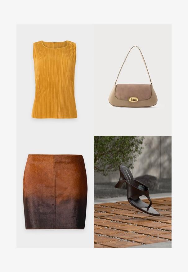 Haut sans manches jaune moutarde avec des plis verticaux, col rond et texture lisse. Design simple sans embellissements supplémentaires.; Jupe mini dégradé brun en matériau doux, présentant une texture lisse, une silhouette ajustée et des coutures précises le long des bords.; Sandale à talon marron Calvin Klein suspendue au-dessus d'un sol extérieur en dalles de bois et gravier avec un arrière-plan flou de verdure et de pierres.; Sac fourre-tout en cuir beige et marron, doté d'un rabat en daim souple, d'un fermoir ovale doré et d'une bandoulière unique. Texture lisse dans l'ensemble.