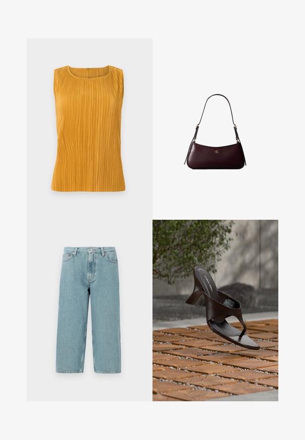 Sennepsgul ærmeløs top med lodrette plisseer, rund halsudskæring og en glat struktur. Simpelt design uden yderligere udsmykninger.; Lyseblå denimshorts med høj talje, lige snit og rå kant. Har en klassisk knap- og lynlåslukning samt fire lommer.; Brun Calvin Klein hælet thong sandal svævende over træflise og grus udendørs med sløret grønt og stenmur i baggrunden.; Mørk bordeaux læderhåndtaske med en tynd sort skulderrem og lille gyldent "cK" logo foran i midten.