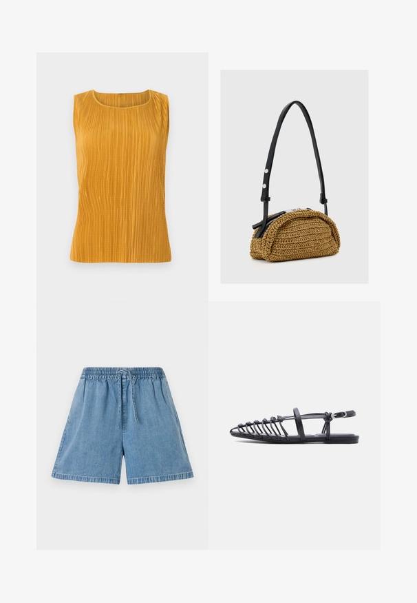 Top sin mangas de color mostaza con pliegues verticales, escote redondeado y una textura suave. Diseño simple sin adornos adicionales.; Pantalones cortos de mezclilla en azul claro con cintura elástica y cordón. Cuentan con bolsillos laterales y un ajuste relajado con dobladillos cosidos.; Sandalia plana negra con múltiples tiras delgadas, correa con hebilla en el tobillo y diseño de jaula con punta abierta sobre fondo blanco.; Pequeño bolso tejido de color tostado con forma curva, correa de cuero negra ajustable y cierre de cremallera plateada.