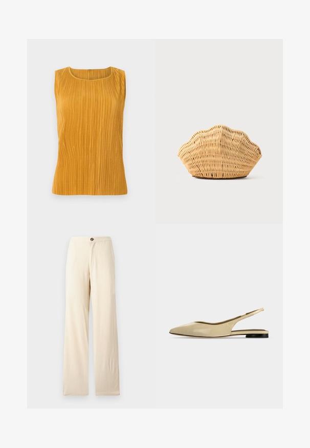 Mosterdgele mouwloze top met verticale plooien, ronde halslijn en een gladde textuur. Eenvoudig ontwerp zonder extra versieringen.; Beige, wijde broek gemaakt van lichtgewicht stof. Voorzien van een knoopsluiting aan de voorkant en rechte zoom. Gladde textuur met minimale naden.; Beige platte slingback schoen met puntige neus, lage zwarte hak en een glad leren afwerking, zijaanzicht op een effen achtergrond.; Geweven rotan handtas in de vorm van een sint-jakobsschelp met natuurlijke lichtbruine kleur en afgeronde, gestructureerde randen.