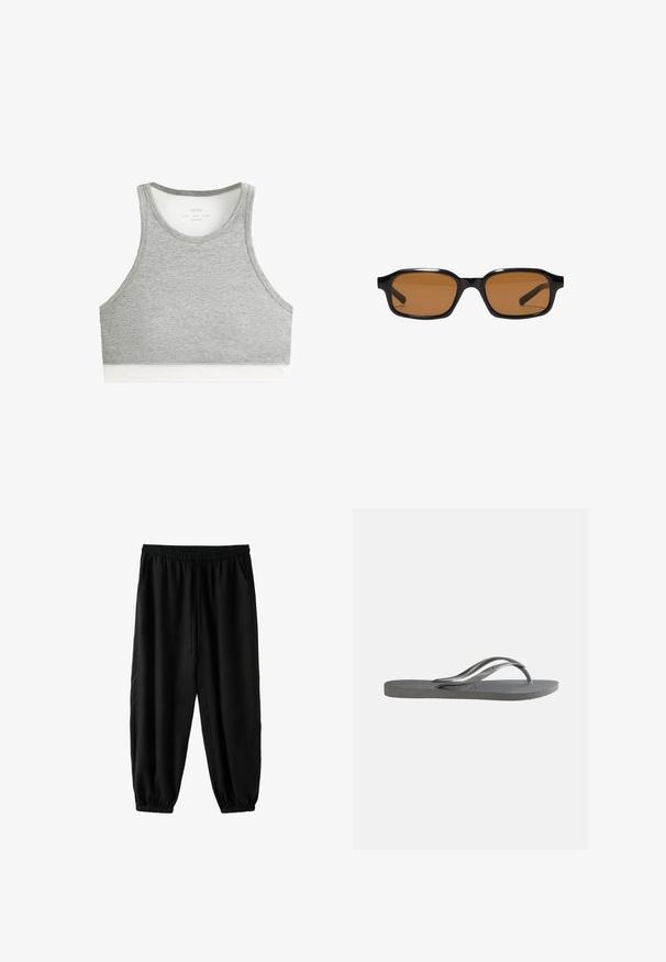 Ärmelloses graues Crop-Top mit rundem Ausschnitt und weißem Banddetail am unteren Saum, hergestellt aus weichem Stoff.; Schwarze Freizeithose mit elastischem Bund, Kordelzug, Seitentaschen und elastischen Bündchen an den Knöcheln, gezeigt vor weißem Hintergrund.; Flache graue Flip-Flop-Sandale mit strukturiertem Fußbett und dünnen Y-förmigen Riemen, von der Seite vor einem schlichten hellen Hintergrund gezeigt.; Schwarze rechteckige Sonnenbrille mit dickem Rahmen und braunen getönten Gläsern, von vorne auf weißem Hintergrund gezeigt.