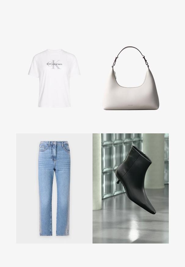 Wit katoenen T-shirt met korte mouwen, voorzien van een grijs gedrukt "Calvin Klein" logo en een opvallend "K" ontwerp in het midden.; Lichtblauwe denim jeans met een rechte snit, voorzien van een knoop- en ritssluiting, vijf zakken en een vervaagde textuur op de benen.; Zwarte leren enkellaars met spits toelopende neus en lage kittenhak, schuin weergegeven tegen een gepolijste vloer en een glazen blokken muur als achtergrond.; Romige Calvin Klein leren schoudertas met gebogen bovenrand, zilveren rits en donkerbruine verstelbare riem.